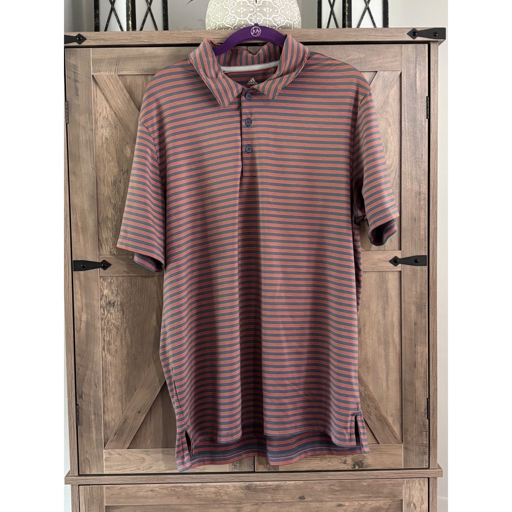 Adidas Golf Mens Large Blue Orange Striped Short Sleeve Polo Shirt RN 88387